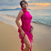 Sheer Mesh 3D Flower Ruffle Classic Trim Sleeveless Club Dress - Blue